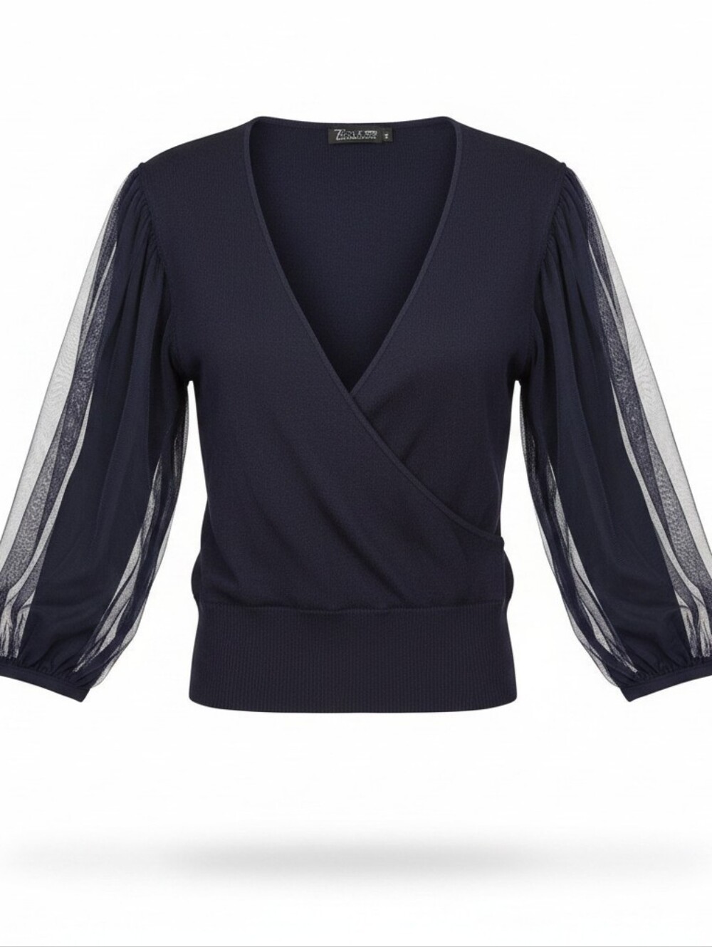 New York & Company Black Sheer-Sleeve Wrap Pullover - L